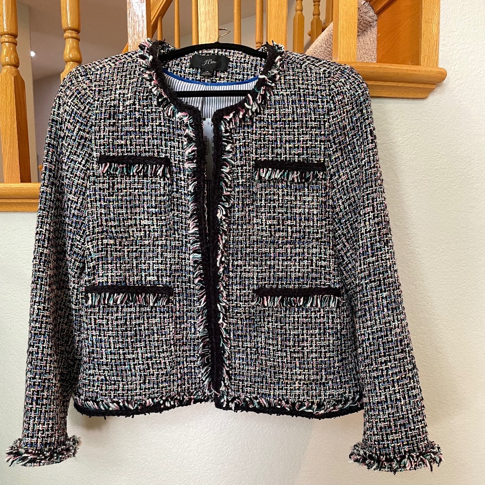 NWT J Crew Metallic Thread Fringe Tweed Jacket 10